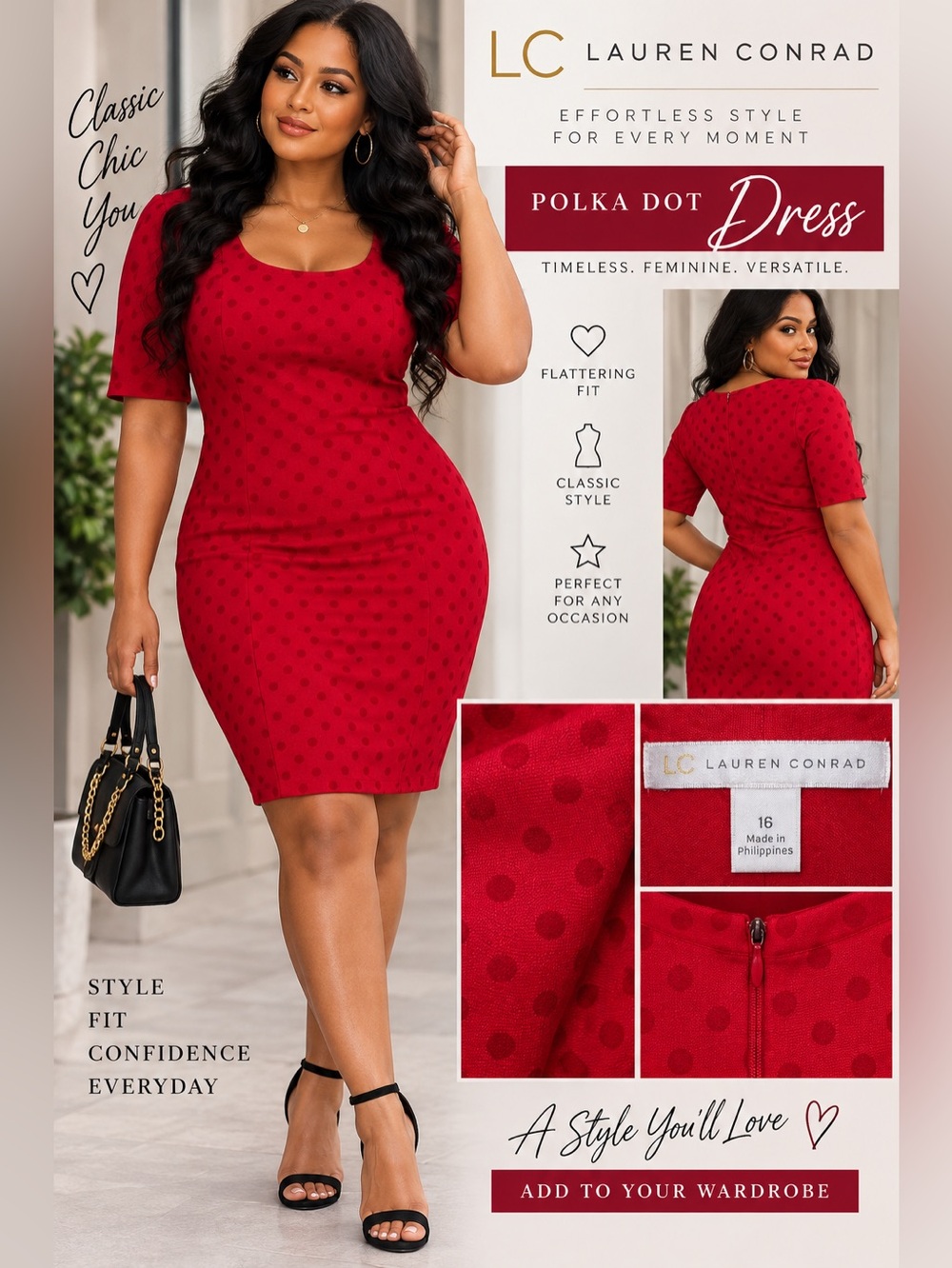 LC Lauren Conrad Red Polka Dot Midi Dress size 16
